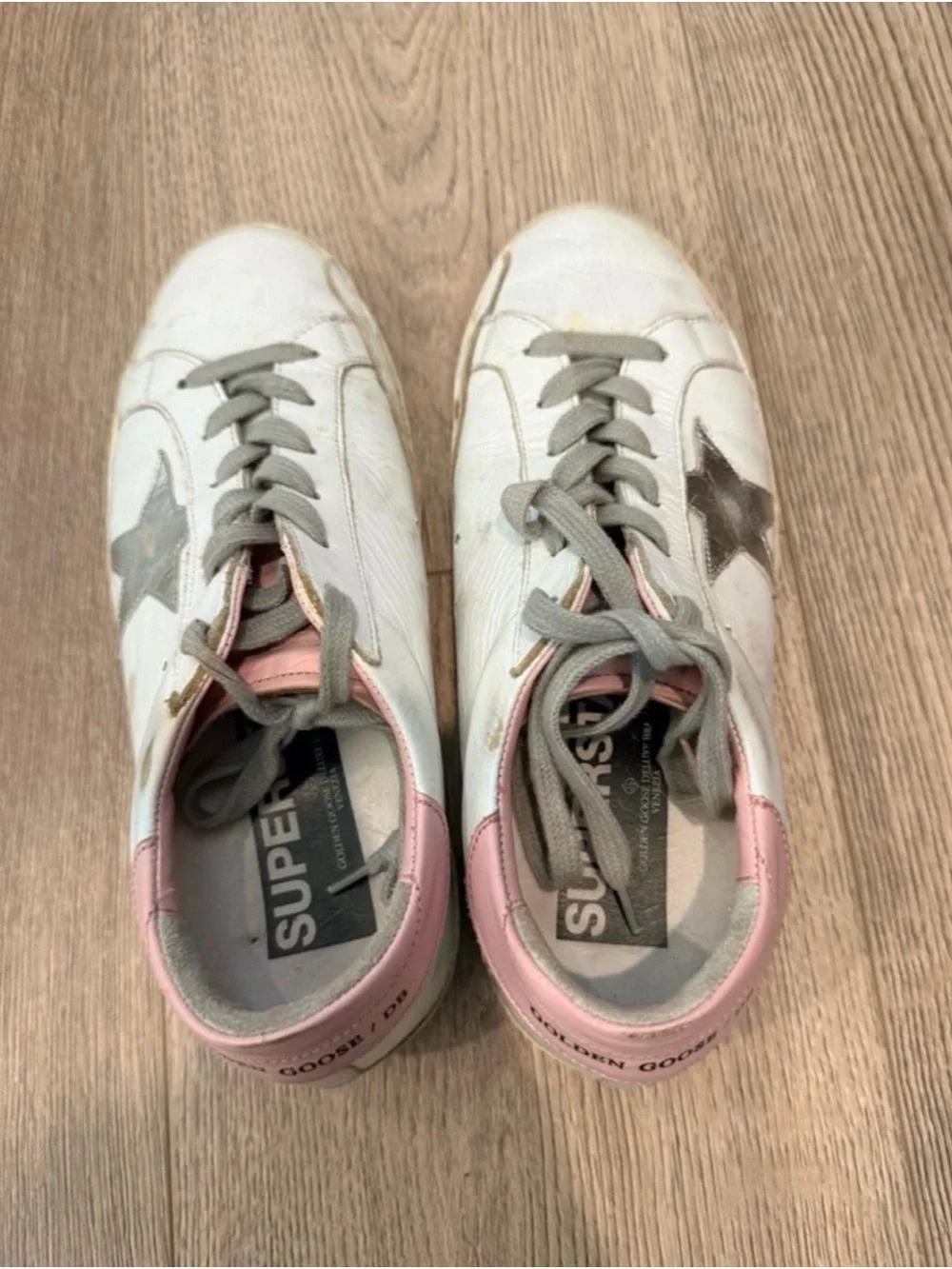 Golden Goose Superstar Sneakers with Pink Trim and Gray Star